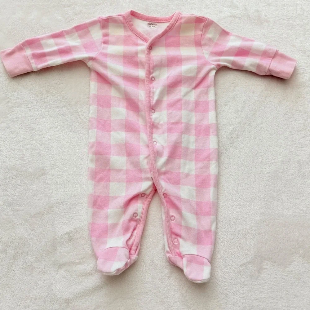 Miniwear Pink White Gingham‎ Baby Bunting Sleepsuit 3-6 Months Cotton